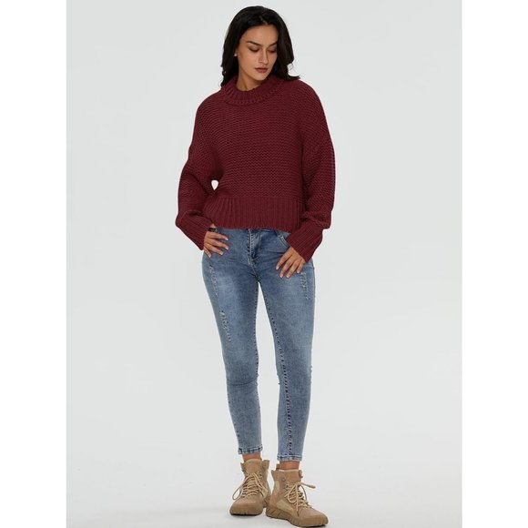 Women's Crewneck Chunky Knit Batwing Long Sleeve Loose Pullover Sweaters Tops - Picture 5 of 6